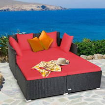 Patio Rattan Daybed Thick Pillows  Outdoor Cushioned Sofa Furniture-Red - £259.18 GBP