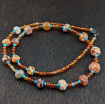 Ancient Etched Agate Bead Decorated Carnelian Beads Necklace EJZ-2 - $138.00
