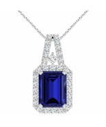 ANGARA Lab-Grown Blue Sapphire Halo Pendant Necklace in 14K Gold (10x8mm... - £1,885.95 GBP