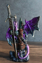 Purple Knight Dragon With Castle Tower And Gothic Sword Letter Opener Figurine - £19.97 GBP