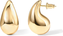 14K Gold Plated 925 Sterling Silver Post Teardrop Chunky Hoop Earrings - £19.77 GBP