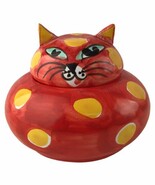 Bellini PIU Italian Firenze Italy Red Yellow Ceramic Kitty Cat Lidded Ja... - $55.84 CAD