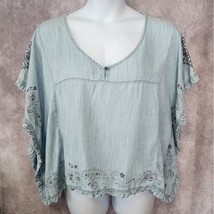 ARIAT Eden Top Womens XL Cape Sleeves Chambray Blouse Pop Over Ruffle Western - $28.99