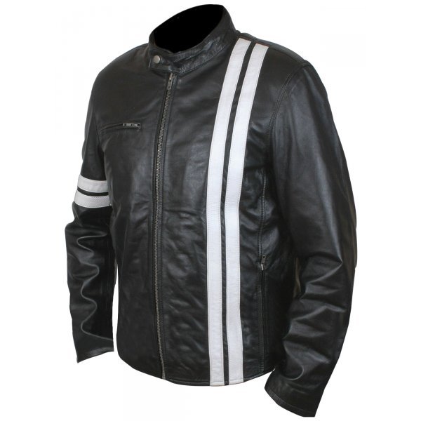 LE Men's Black Leather Jacket with White Stripes