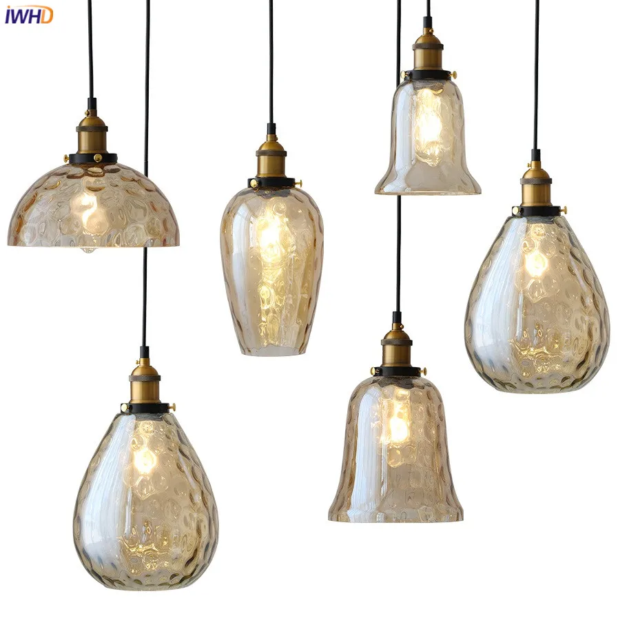 IWHD Amber Glass Vintage Pendant Lamp LED Edison Bulb Bedroom Restaurant... - $53.40+