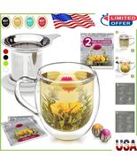 Elegant 15 oz Stay-Hot Glass Mug with Infuser &amp; 2 Blooming Floral Teas I... - $69.92 CAD