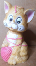 Jasco 1980 Critter Bell Cat Kitten Playing Pink Yarn Porcelain Figurine 4 1/8" - $12.72