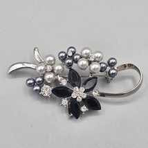 Rhinestone Spray Brooch Silver Tone Black Flower Faux Pearl Crystal 2.5 ... - $19.99