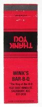 Wink&#39;s Bar-B-Q - Salisbury, North Carolina Restaurant 20 Strike Matchbook Cover - £1.34 GBP