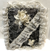 VTG Handmade Fabric Lace Beads Floral Wedding Album Black Gray White 14x... - $41.64