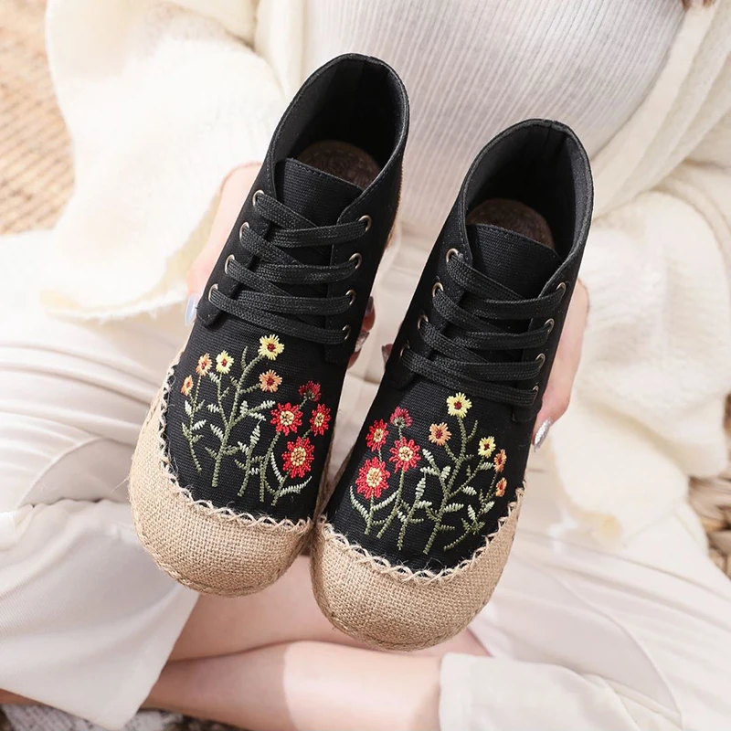 2024 Handmade Women Canvas Embroidered High Top  Up Espadrilles Sneakers Autumn  - $72.15