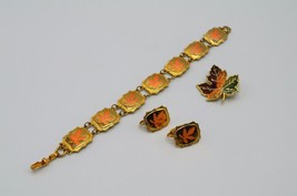 Maple Leaf Brooch Clip On Earrings Bracelet Enamel Gold Tone Vtg Jewelry Canada - £19.12 GBP