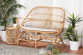 Nissa White Fabric Upholstered and Natural Brown Finished Rattan Loveseat - $11,370.87 MXN