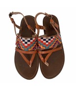 Aztec Embroidered Vegan Leather Thong Ankle Strap Sandals Size 6 - $18.70