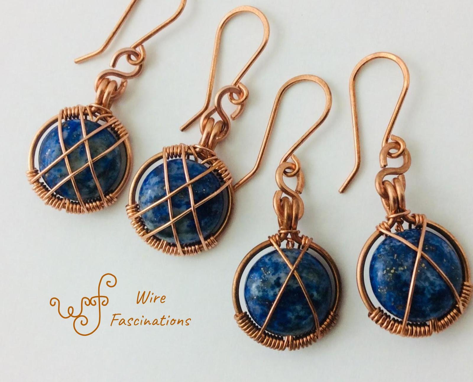 Handmade lapis earrings: copper circle frame cross wire wrapped - £23.15 GBP