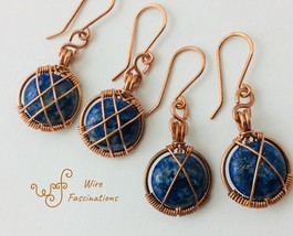 Handmade lapis earrings: copper circle frame cross wire wrapped - £22.82 GBP