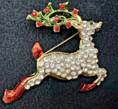 Christmas Reindeer Brooch Rhinestone Pave Gold Tone Red Enamel Holly Pin - $19.79