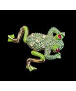 Vintage 60s Green Enameled Frog Red Eyes Articulated Mechanical Legs Bro... - $24.55