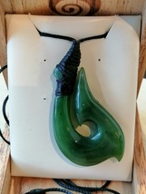 New zealand designs Nephrite Jade Fish Hook large pendant / long necklace (46mm) - £106.19 GBP
