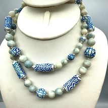 Vintage Graduated Carved Bead Necklace, Classic Blue Early Plastic with Asian - £22.06 GBP