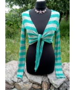 Green Striped Long Sleeve Knit Top Women Tie Front Vintage Shrug Boho Small - $15.05