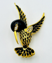 Vintage Gold Tone Black Enamel Crystal Hummingbird Brooch Pin - £18.92 GBP