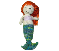 Crochet Mermaid Plush Doll Hand Crafted 9&quot; Orange Hair Green Tail Stuffed Toy - £8.88 GBP