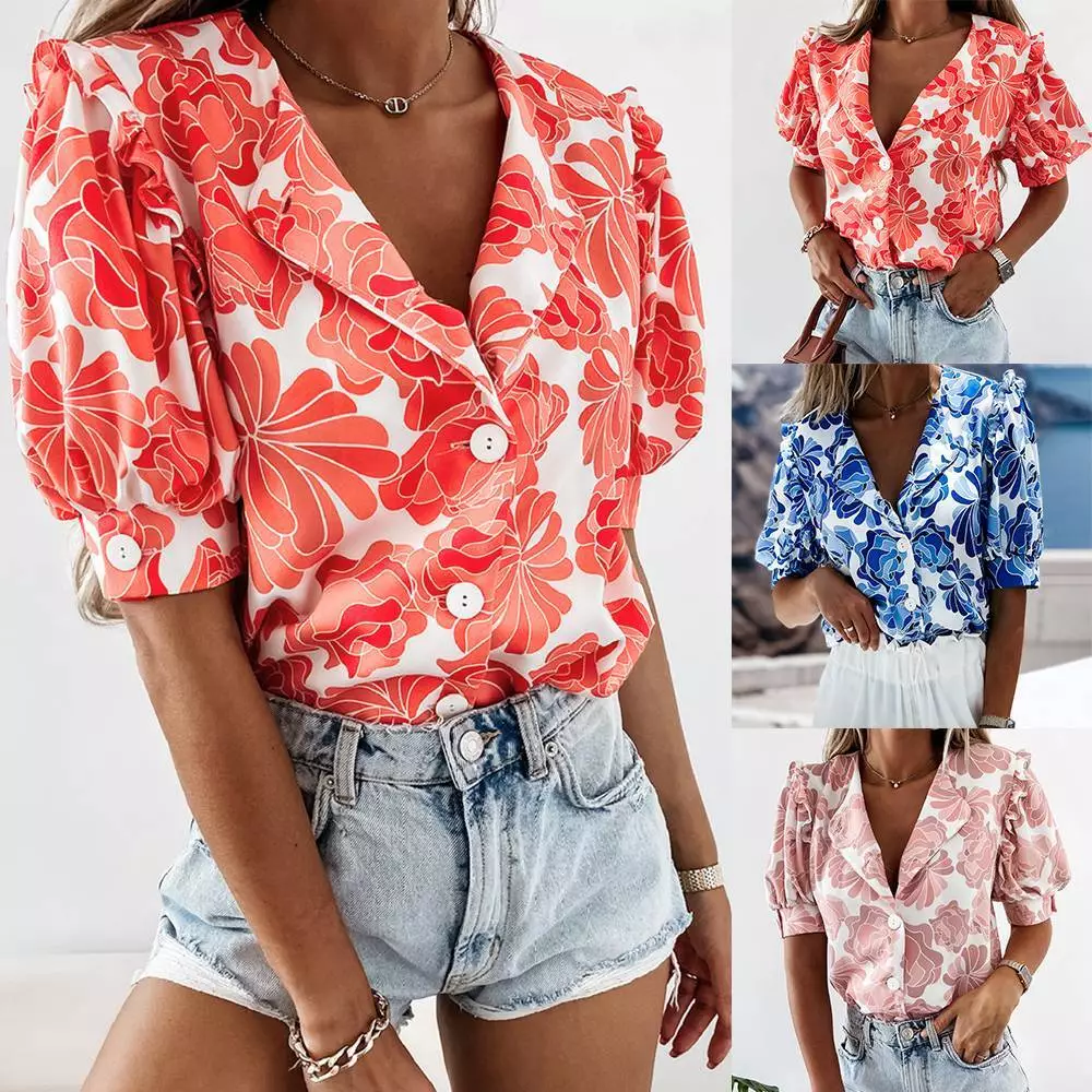 Womens V Neck Button Shirt Tops Ladies Beach Casual Floral Blouse Tee - £11.92 GBP