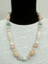 Vintage Retro 80s 90s Muted Pastel &amp; Wood Tone Chunky Beaded Necklace 23&quot; - $14.00