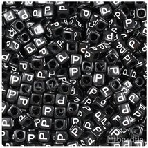 BeadTin Black Opaque 6mm Cube Plastic Alphabet Beads- White Letter P (80... - $2.09