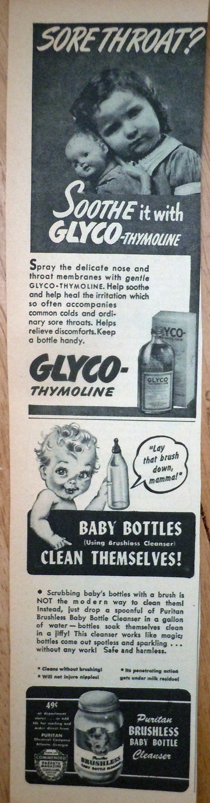 Glyco Thymoline &amp; Baby Bottles Small Magazine Advertising Print Ad Art 1... - $3.99