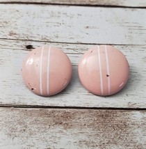 Vintage Clip On Earrings Pink Circle with White Lines - $6.99