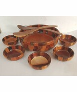 Vintage Wood 8 pc Salad Bowl Set MCM Teak Wooden Mid Century Checker Han... - $34.39 CAD