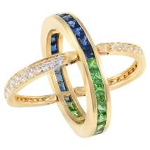 Unique 14k Yellow Gold Emerald and Sapphire Reversible Ring with Diamonds - £760.03 GBP