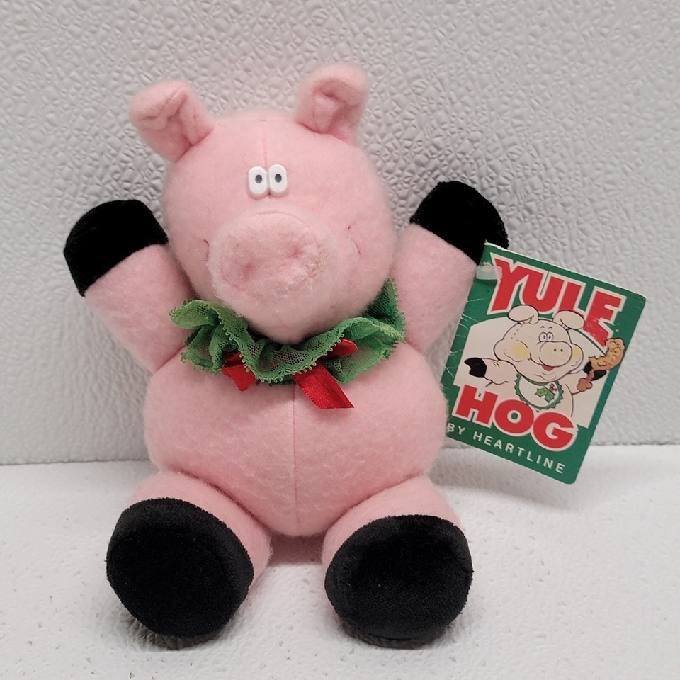 Vintage Heartline 1988 Yule Hog Pink Pig Plush Christmas 8&quot; Stuffed Animal - $19.70