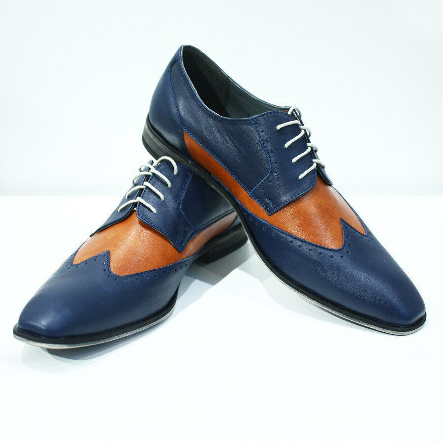 Men Two Tone Blue Brown Wing Tip Laces Derby Custom Real Leather Shoes