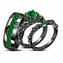 His &amp; Her 2Ct Round Cut Green Emerald Trio Wedding Ring Set 14k Black Gold Over - £85.56 GBP