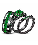 His &amp; Her 2Ct Round Cut Green Emerald Trio Wedding Ring Set 14k Black Go... - $148.13 CAD