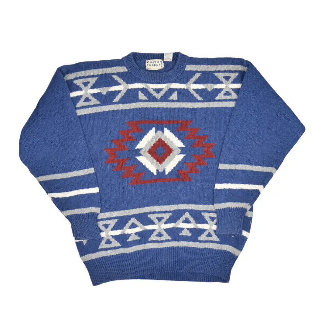 Primary image for Vintage Cotton Traders Sweater Mens L Blue Aztec Navajo Print Ramie Knit Crew