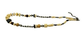 Chico&#39;s Long Necklace Wood Metal Plastic Brown Beige Round Discs Beads 21&quot;  - $25.26