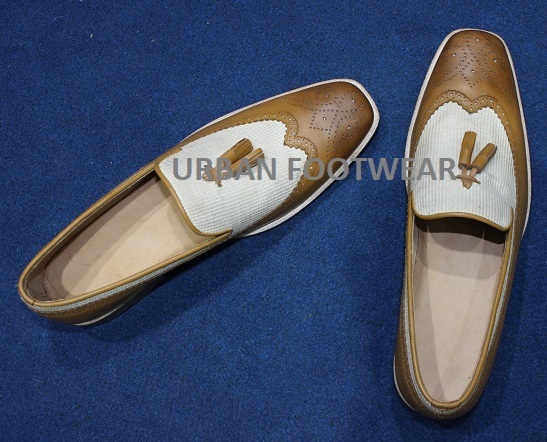 Mens New Handmade Formal Shoes, Two Tone Camel & White Leather Loafers Stylish