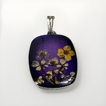 Vintage 925 STERLING SILVER Pressed Dried FLOWERS &amp; BLOOMS RESIN PURPLE ... - €38,24 EUR