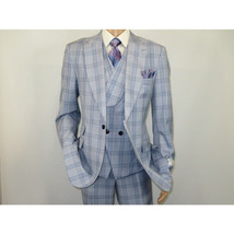 Men Apollo King 3pc Suit Window Pane Plaid 100% Soft Wool Super 150 #985-12 Blue image 6