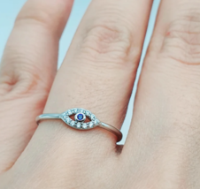 Natural Blue Sapphire Evil Eye Ring, 925 Sterling Silver Minimalist Jewelry - £35.80 GBP