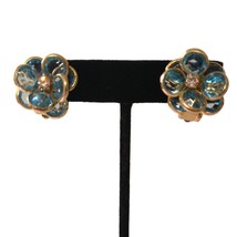 Austrian Crystal Flower Earrings Bezel Set Icy Blue Gold Tone Clip On Estate MCM - £14.71 GBP