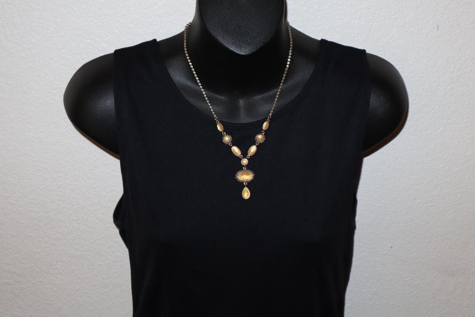 Vintage Yellow Amber Faceted Colored Gold Tone Choker Necklace 16&quot; Unbra... - $9.50