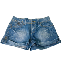 DEREON Juniors Size 5/6 Blue Denim Jean Shorts Fleur De Lis Y2K Cuffed E... - £9.60 GBP