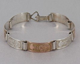 Vintage 950 Fine Silver &amp; 18K Gold Incan Sun God Curved Panel Bracelet 1... - £47.07 GBP