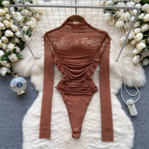 Autumn Mesh Turtleneck Long Sleeve Ruched Open Crotch Slim Fashion Sheer... - $513.03 MXN