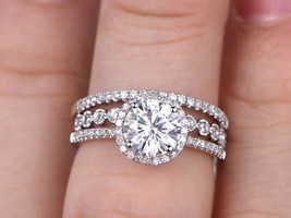 2.50ct Round Cut White Moissanite Engagement trio Ring Set 14k White Gold Size 6 - $264.20